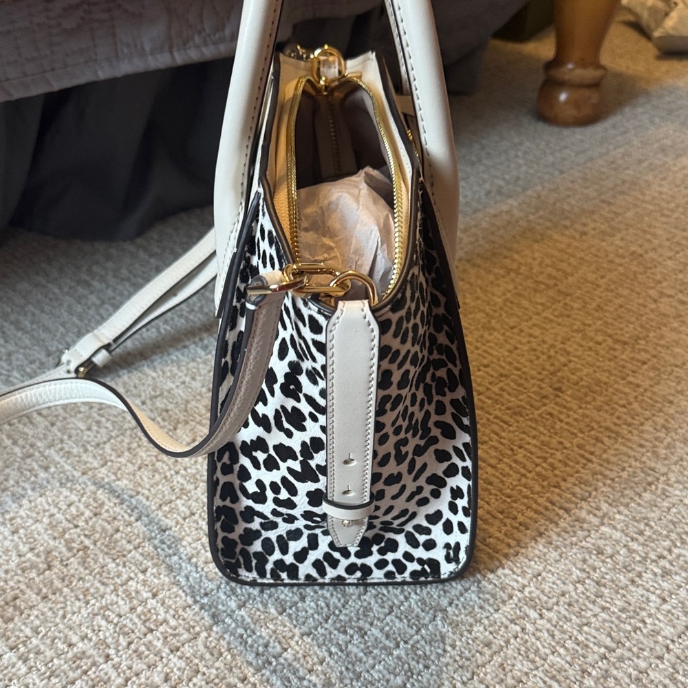 Michael Kors Cream Leather Satchel with Black & White Animal Print Panels - Picture 4 of 6